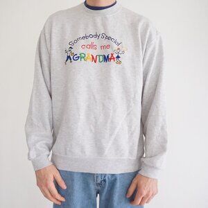 Vintage '90s Jerzees Grandmacore Embroidered Kids Gray Cotton Crewneck Sweater L